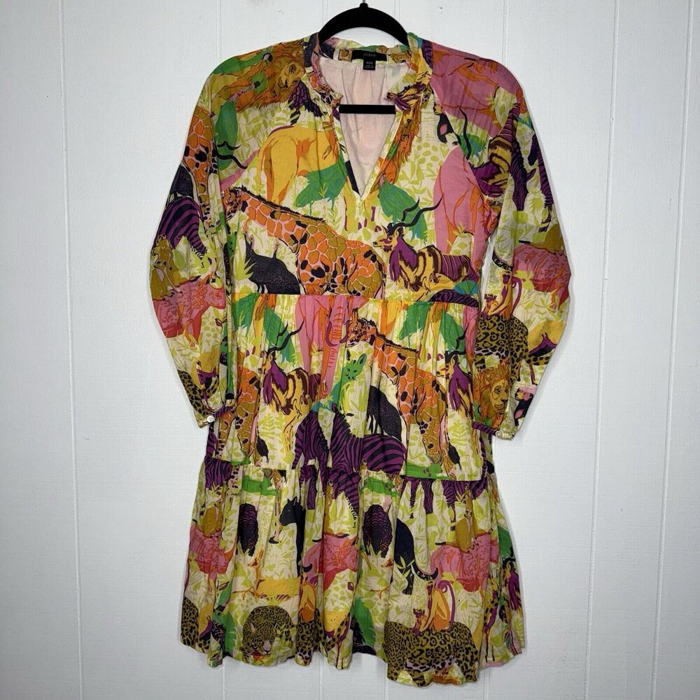 J. Crew Women’s Tiered Popover Dress Ratti Safari Print Multicolor Size XXS
